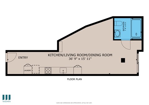 A floor plan of a kitchen, living room, and dining room.